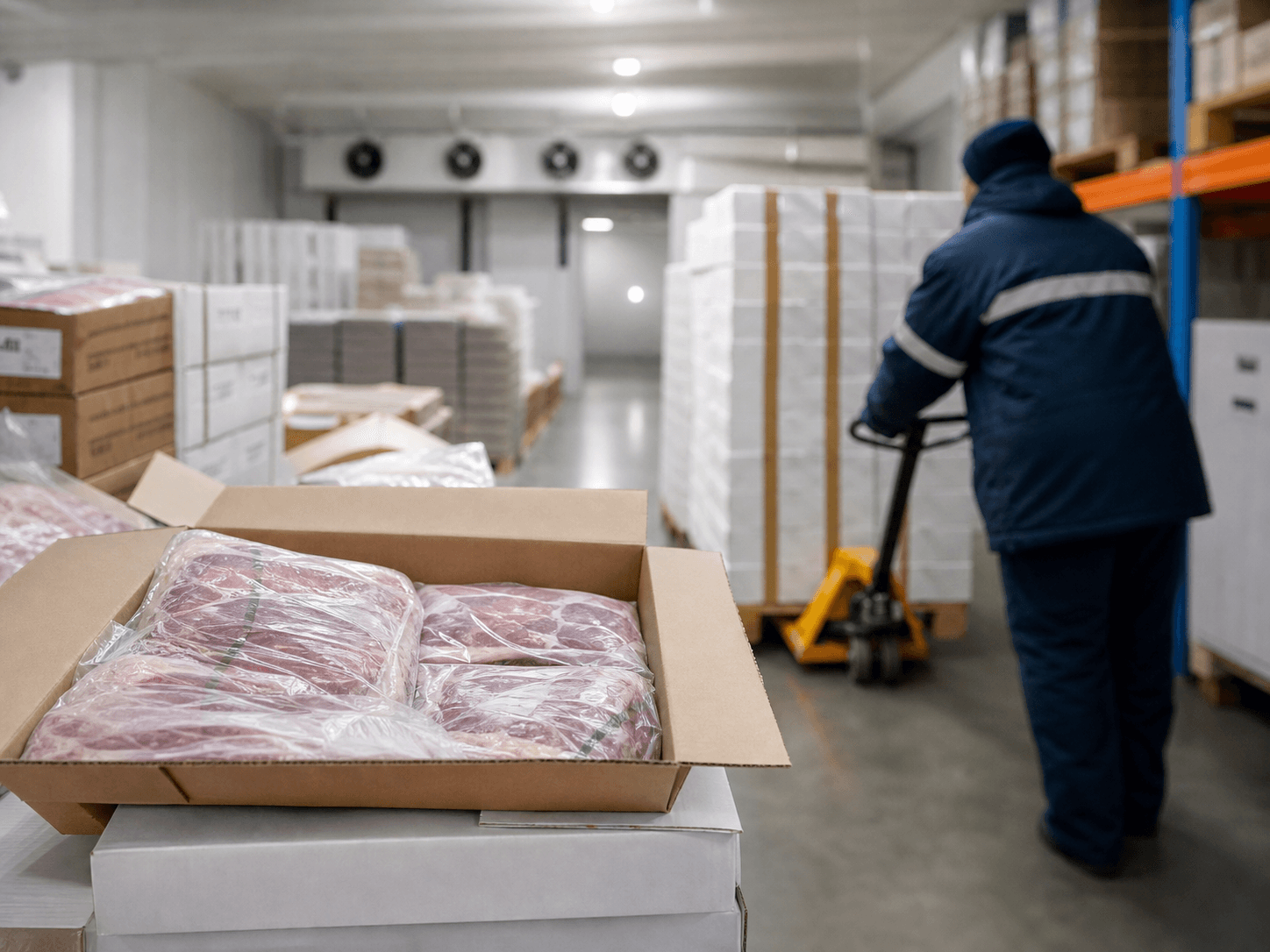 Cold storage warehouse with boxed halal food imports ready for distribution