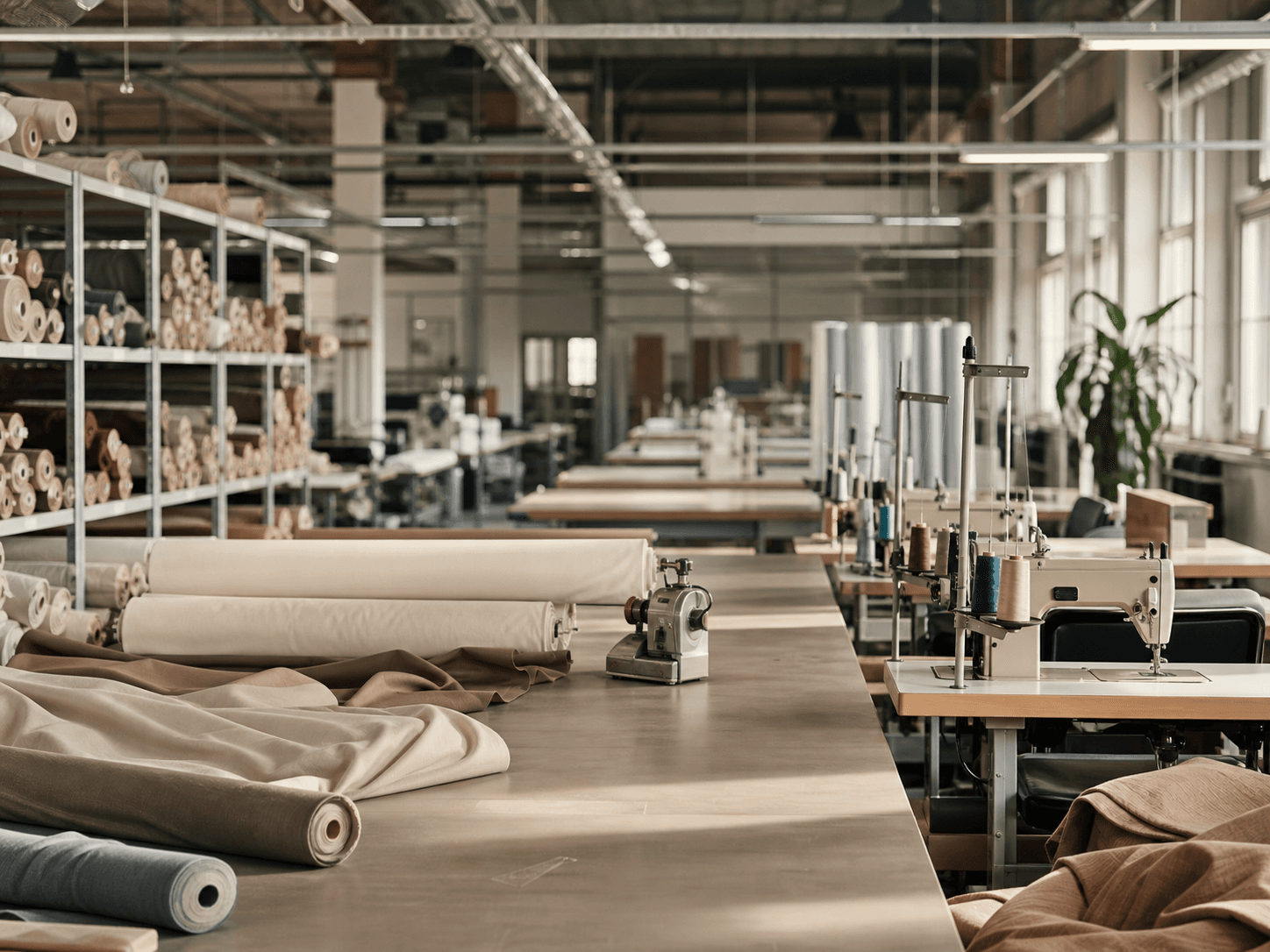 Textile mill floor with neutral fabric rolls, cutting tables, and sewing machines
